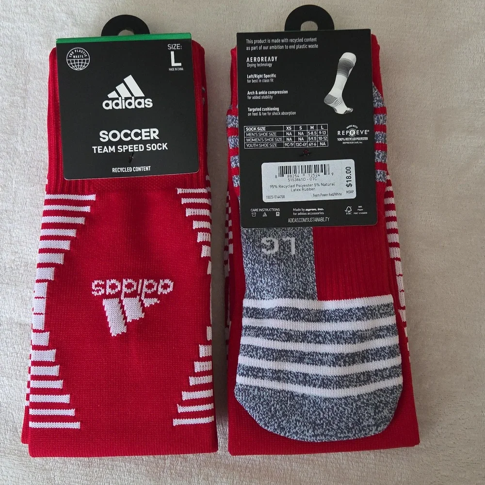 BNWT Two Pairs of Adidas Red and White Soccer Team Speed Socks. Size L - Picture 2 of 4